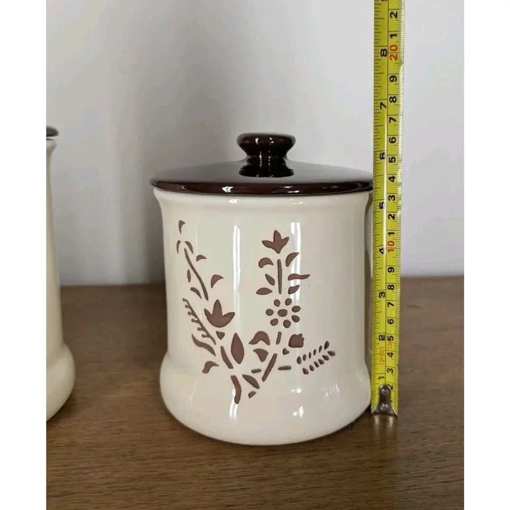 Vintage Holiday Designs USA Canister Set Of 3 Ceramic Brown White Floral Cut Out